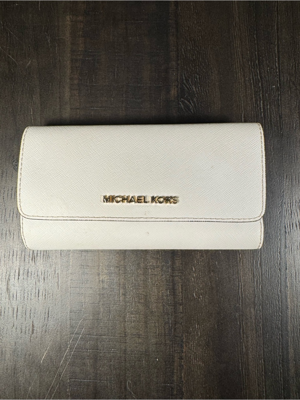 MICHAEL KORS Cream Saffiano Leather Trifold Card Wallet with Gold Logo